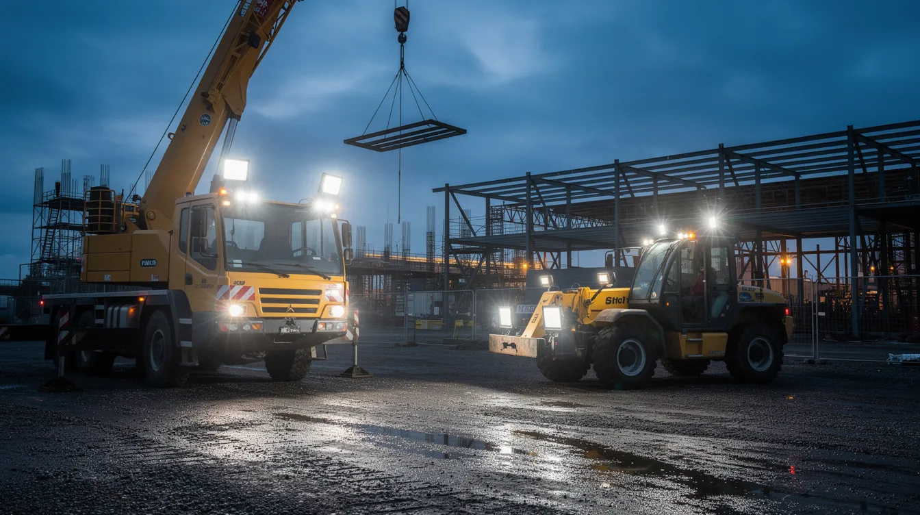 LED arbejdslys monteret på mobilkran og teleskoplæsser på dansk byggeplads – høj lumen output og IP67-klassificeret belysning til sikker drift i mørke