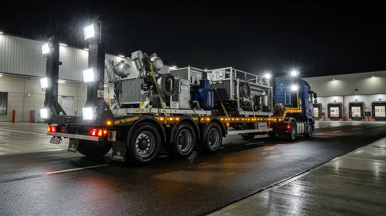 LED arbejdslys monteret på modulvogn til tungtransport på danske veje – IP69K-klassificerede lysenheder med 10.000+ lumen til sikker belysning af lastnings- og transportoperationer