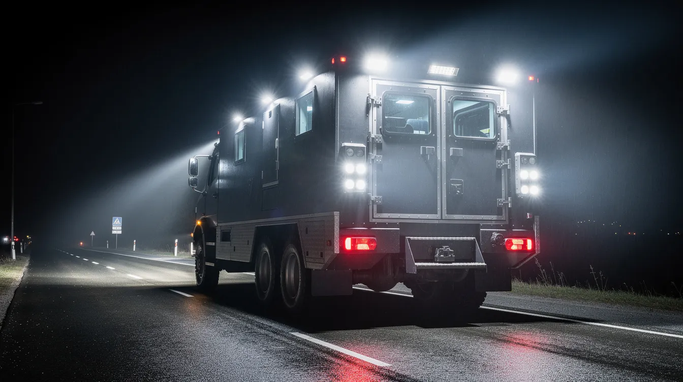 LED arbejdslys monteret på pansret sikkerhedstransportvogn med IP69K-klassificerede armaturer til natoperationer på danske veje