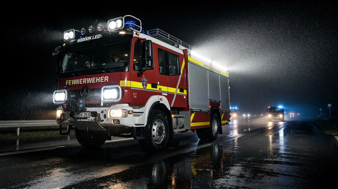 LED arbejdslys monteret på dansk brandbil ved indsatssted — ECE R10-godkendte IP67 LED-arbejdslys til redningskøretøjer med høj lumenoutput til sikker indsats i mørke og dårligt vejr