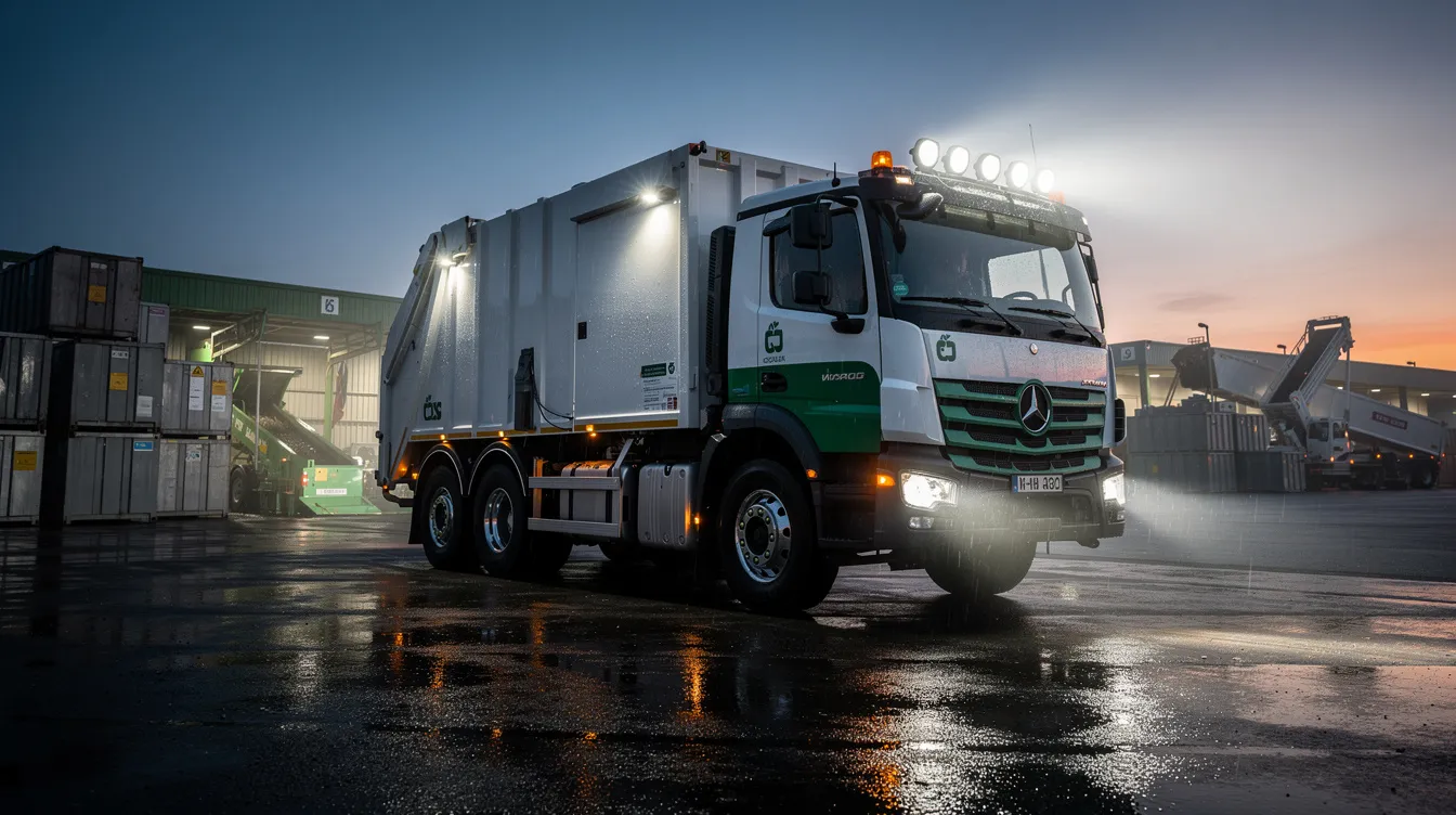 LED arbejdslys monteret på renovationsbil ved dansk genbrugsplads – IP67-klassificerede arbejdslys til affaldshåndtering og komprimering