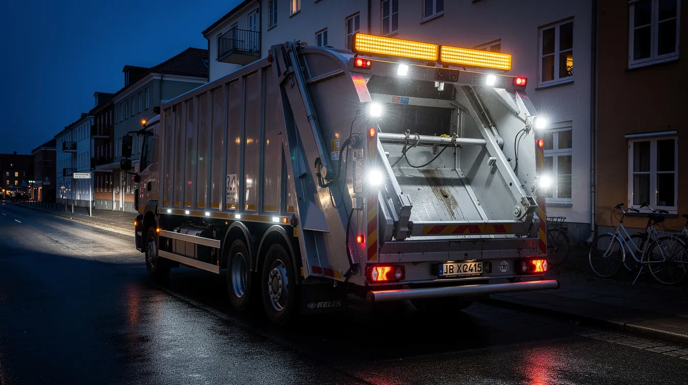 LED arbejdslys monteret på renovationskøretøj med belyste arbejdszoner bagpå og langs siden – IP67-godkendte LED lygter til sikker drift i mørke på danske veje