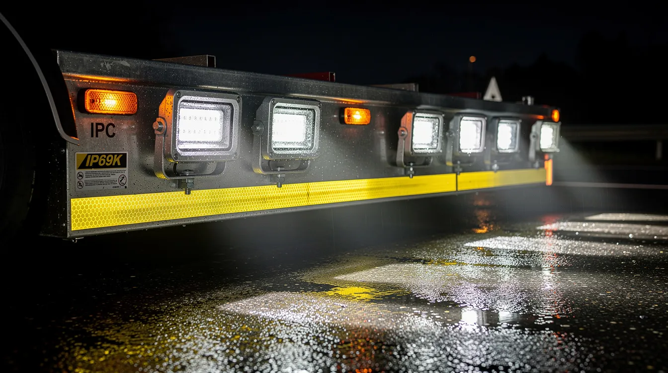 LED arbejdslys og advarselslys på selvkørende aksel med IP69K-klassificering – belysningszoner og montering til sikker industritransport og maskineri på mørke danske veje