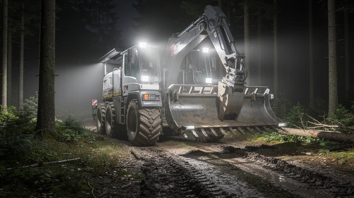 LED arbejdslys monteret på skovningsmaskiner og harvestere til sikker natdrift i tæt dansk skov – 10.000+ lumen IP69K godkendt