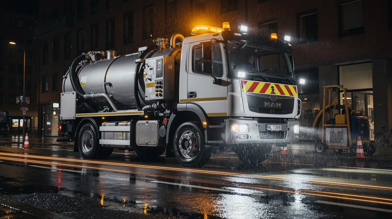 Professionelt slamsuger-køretøj med LED arbejdslys og gul advarselslys-lysbarre ved kloakarbejde på dansk vej om natten