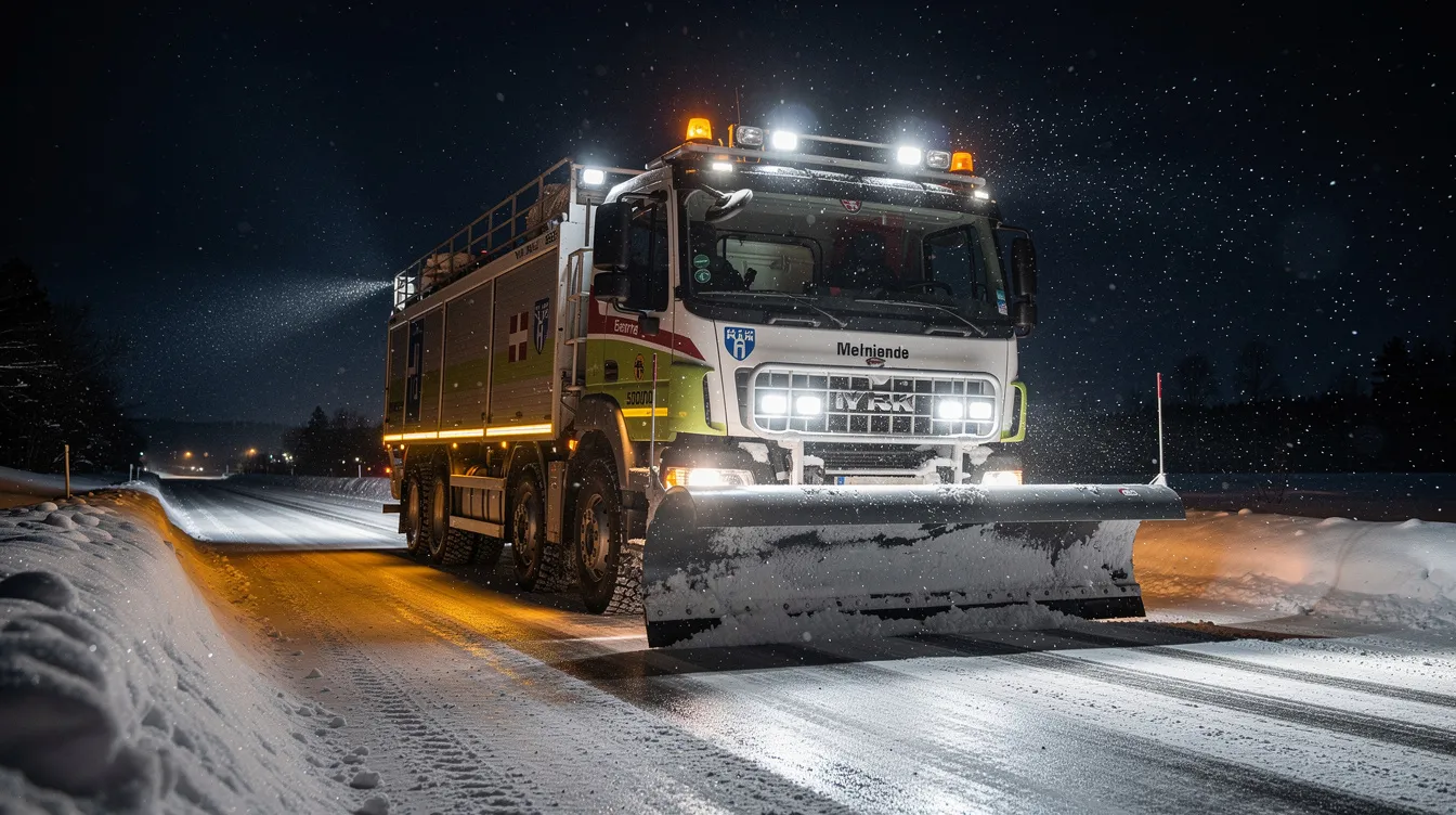 LED arbejdslys monteret på snerydningskøretøj under vinterdrift på dansk vej - IP69K klassificeret belysning med 5000K farvetemperatur til sikker snerydning om natten