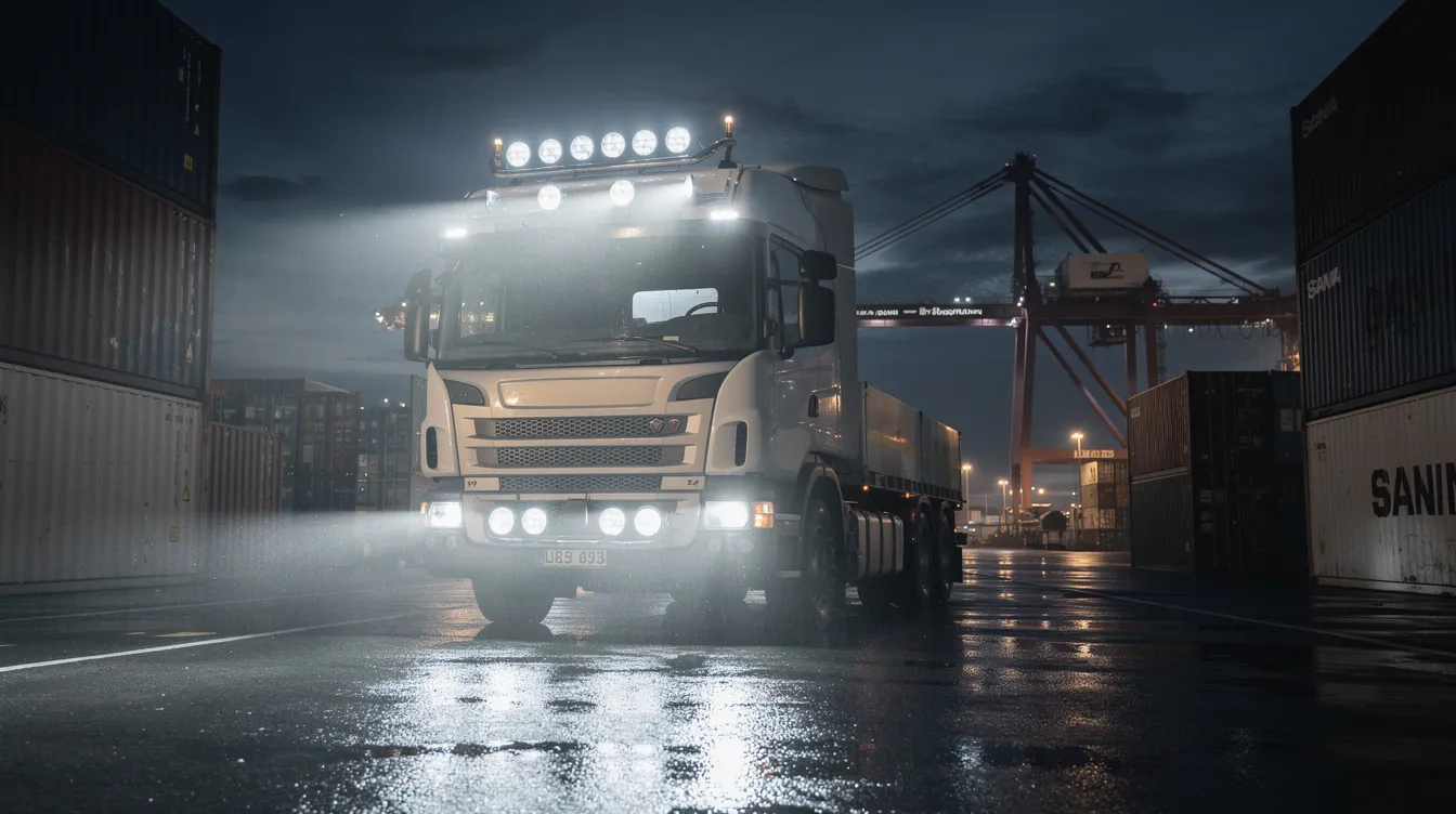 LED arbejdslys monteret på terminaltruck ved dansk containerhavn – IP69K klassificerede arbejdslys til sikker drift ved containeroperationer om natten