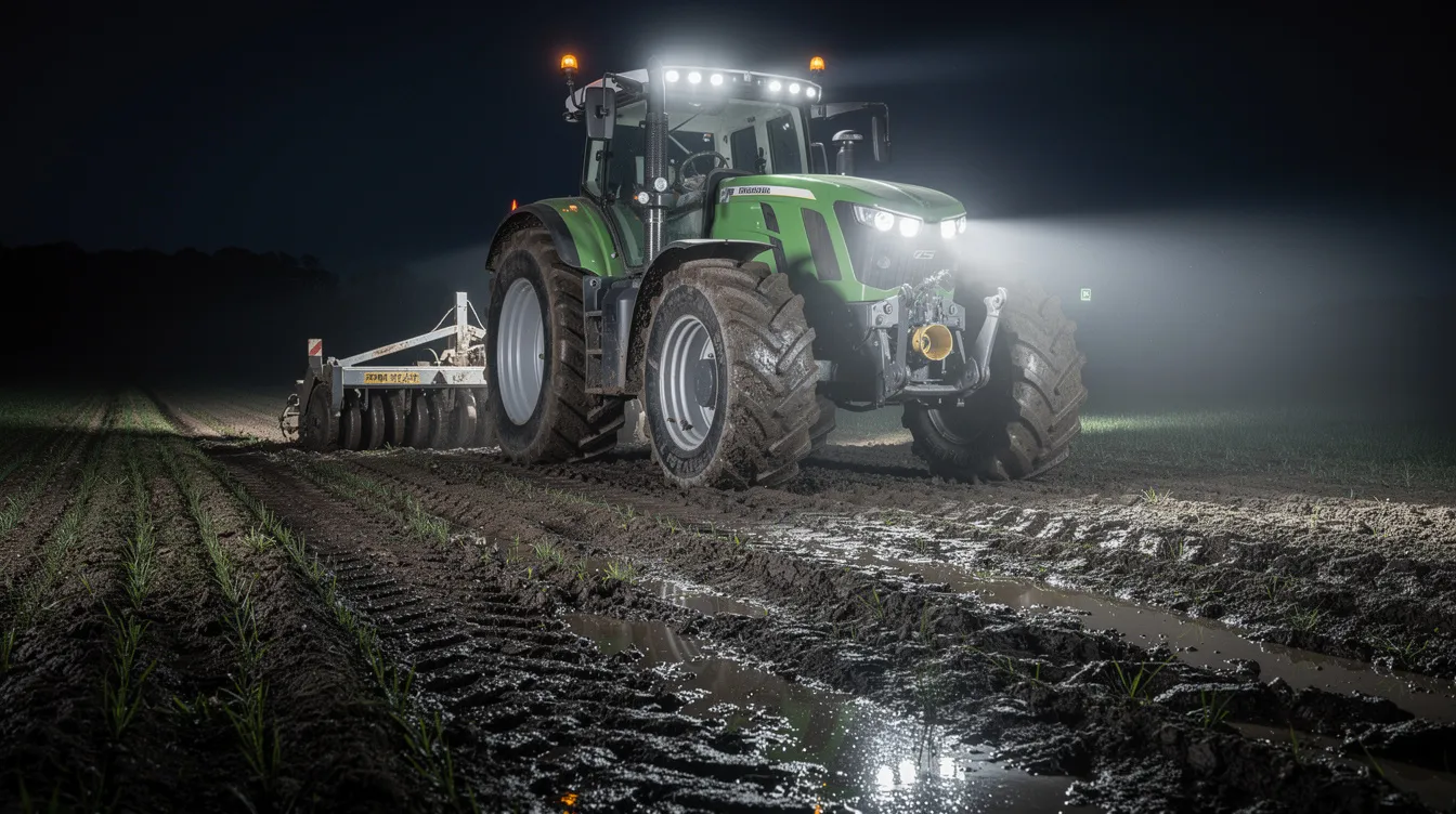 LED arbejdslys monteret på traktor til natarbejde på dansk mark – høj lumen output og IP69K beskyttelse til landbrugsmaskiner