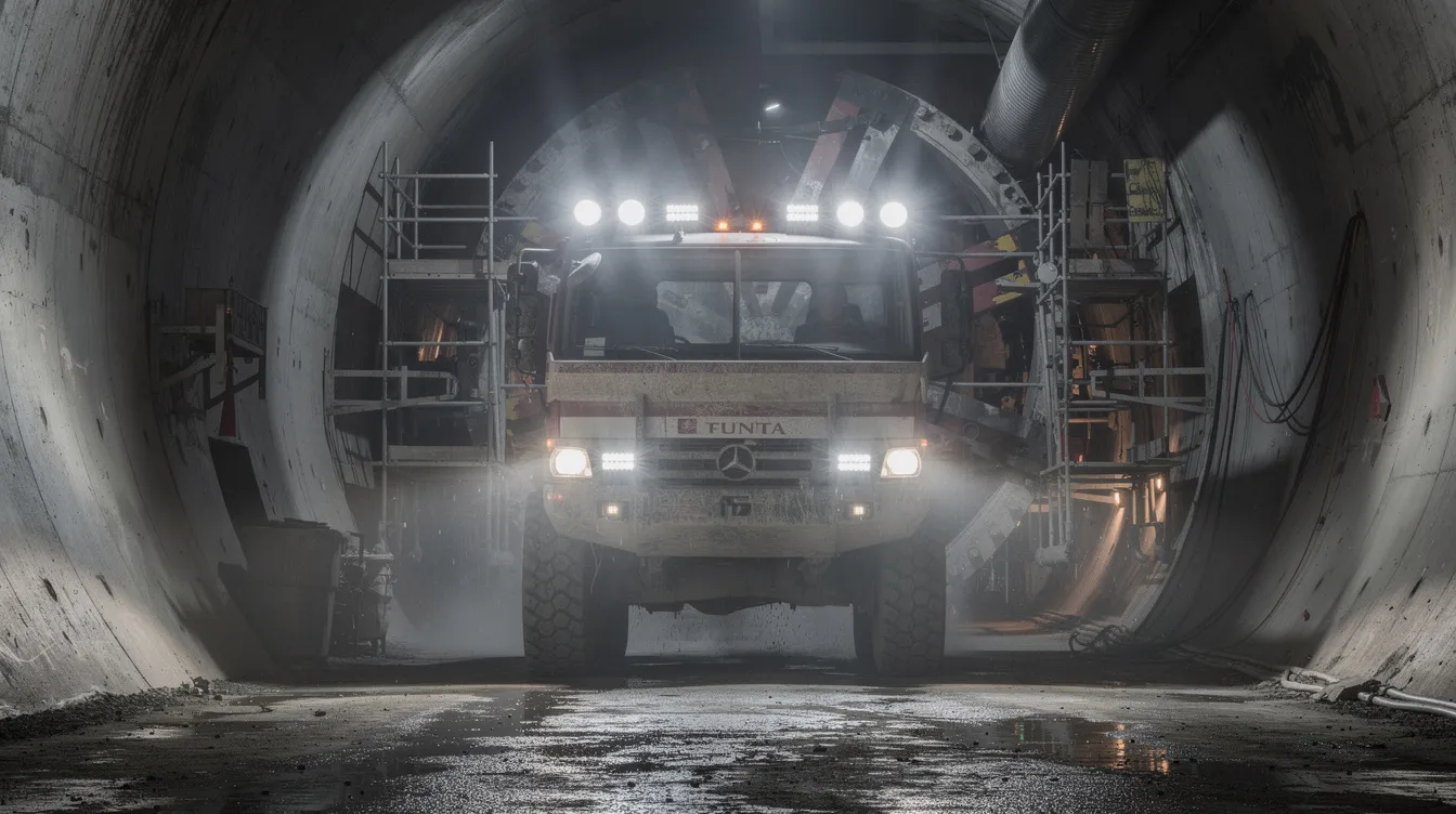 LED arbejdslys monteret på lastbil i tunnelbyggeri – høj lumenoutput og IP69K-klassificeret belysning til underjordiske anlægsprojekter i Danmark