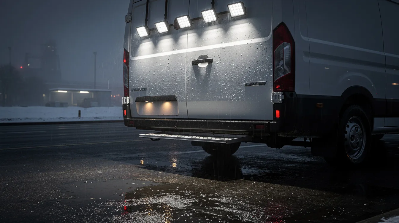 Professionelt monterede LED arbejdslys på erhvervsvarebil belyser aflæsningszonen i mørke danske vinterforhold – optimal synlighed ved distributionsruter