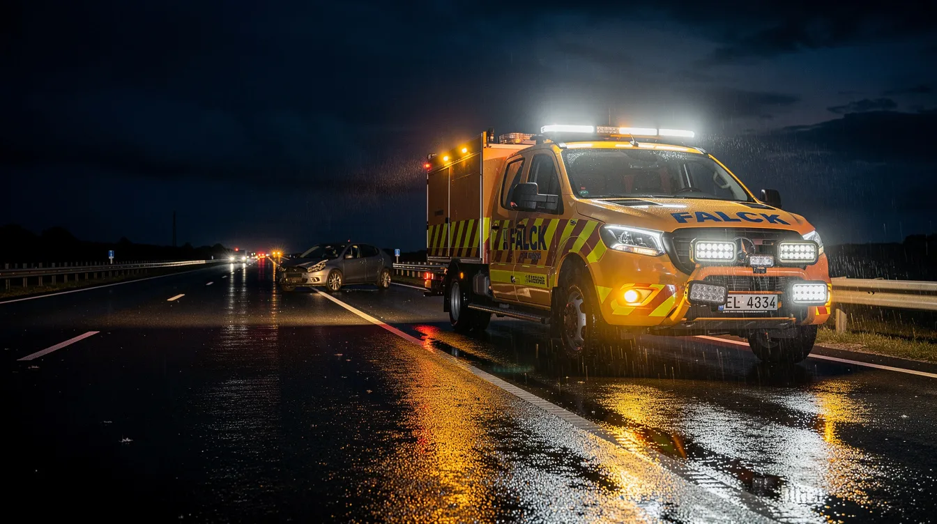 LED arbejdslys monteret på Falck vejhjælpskøretøj på dansk motorvej om natten – professionel IP67-godkendt belysning til sikker assistance ved nedbrud