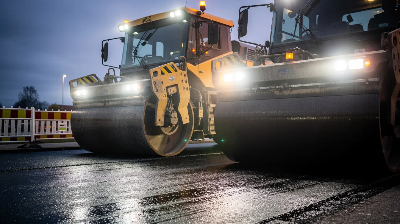 LED arbejdslys og advarselslys på vejtromle og anlægsmaskine i belysningszoner ved dansk vejarbejde – korrekt placering reducerer blændingsrisiko markant