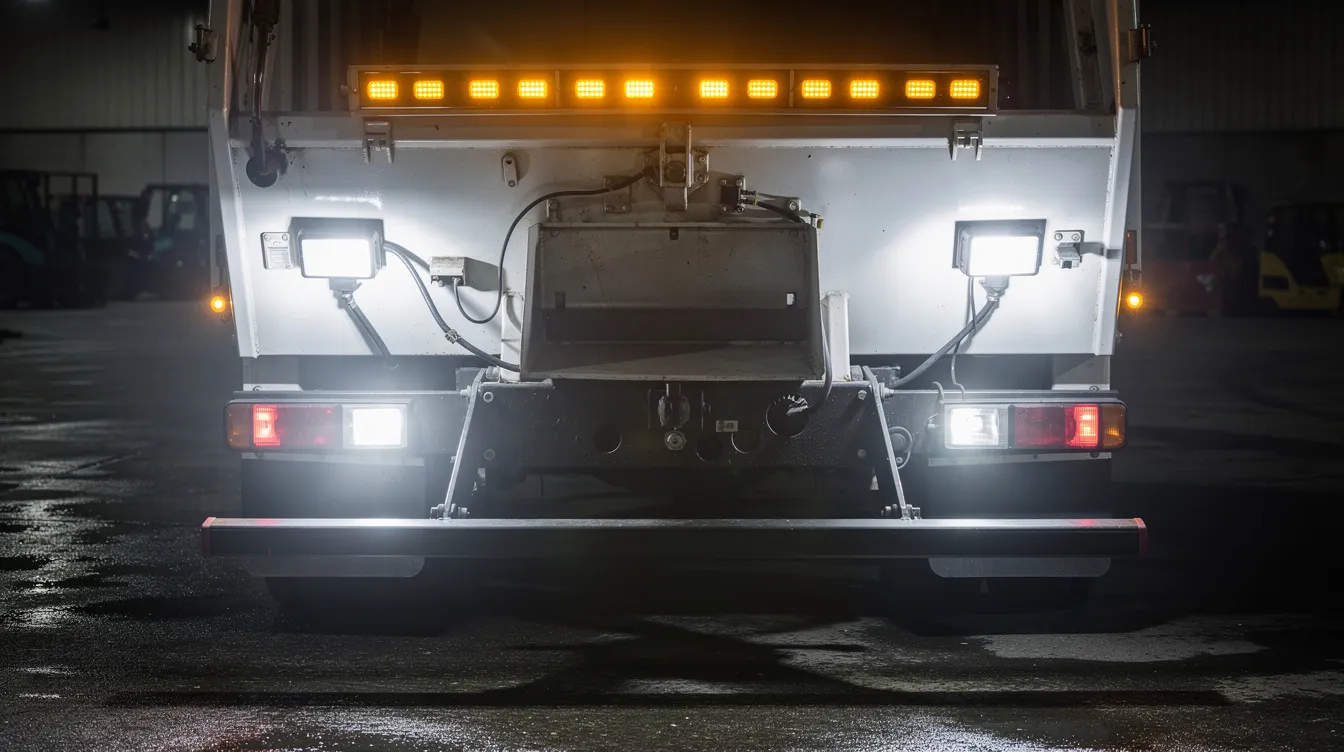 Fire LED arbejdslys-zoner bag på renovationslastbil med IP67-godkendte flood lights og advarselslys – optimal belysning ved tømning og manøvring i mørke