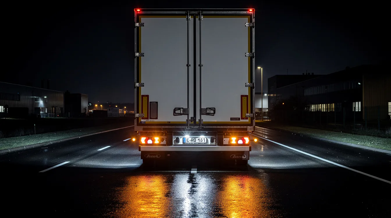 Godkendt LED backup-lys monteret på bagenden af en lastbil i Danmark – ECE R23-certificeret løsning med IP67-klassificering til sikker bakning i mørke