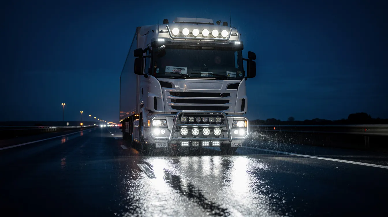 ECE-godkendt LED fjernlys monteret på lastbil kørende på dansk motorvej om natten – lovlige lastbilslygter med høj lumeneffekt