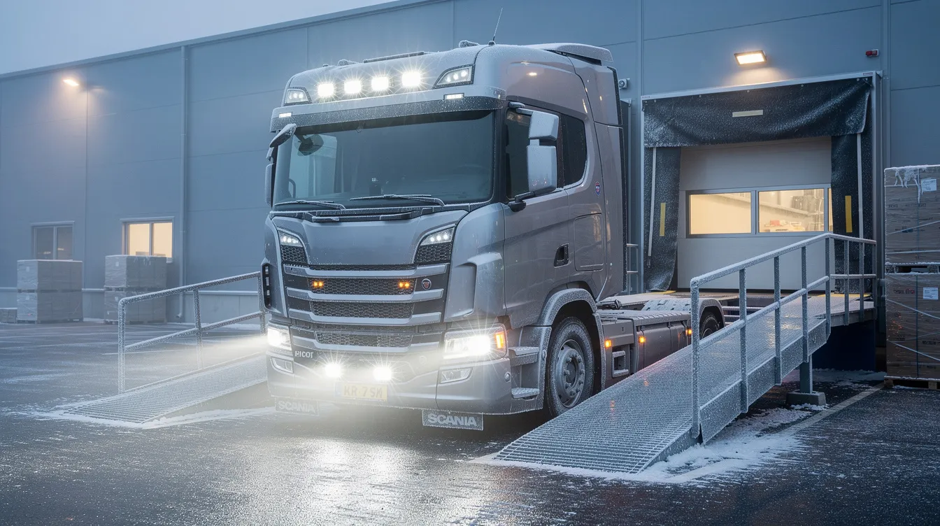 Lastbil med LED arbejdslys og positionslys ved nedkølet læsserampe i Danmark – optimalt ekstra lys til transport og pakning i kødindustrien