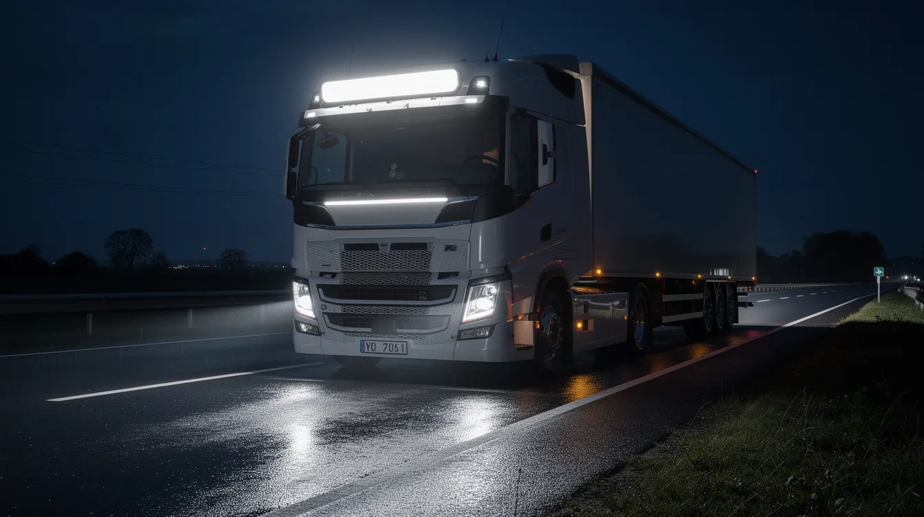 LED lygtebar monteret på lastbil foran på dansk landevej om natten – lovlig bredde og ECE-godkendt montering ifølge danske regler