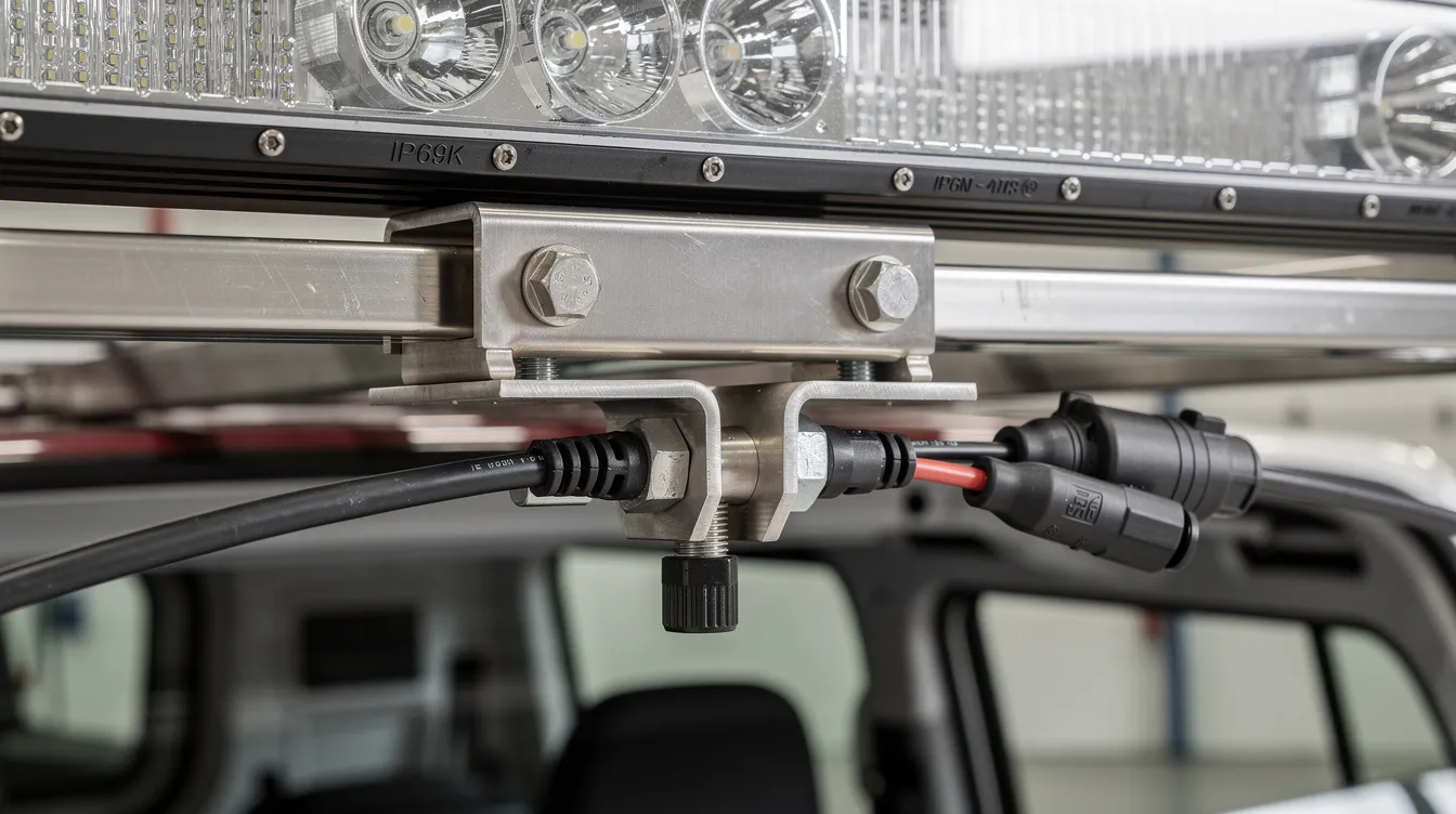 Nærbillede af professionelt monteringsbeslag til LED lygtebar på lastbil – IP69K-klassificeret hus og ECE-godkendt installationsudstyr til tunge køretøjer