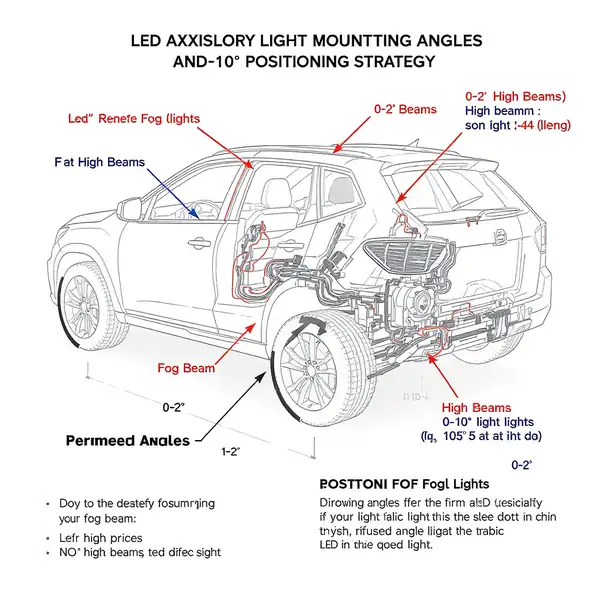 Technical diagram showing LED auxiliary light mounting angles and placement strategy on vehicle