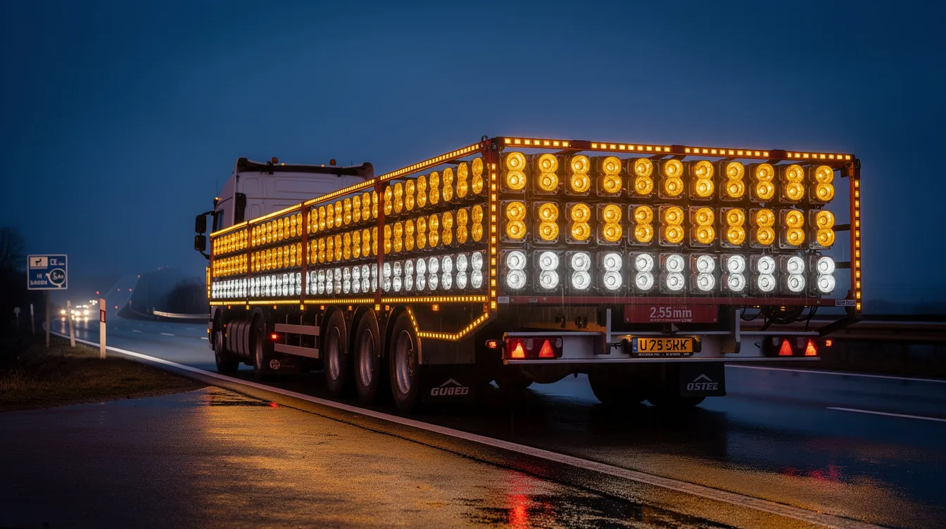 LED markeringslys monteret på bred specialtransport lastbil på dansk vej – ECE R7 godkendte LED markeringslys til brede læs over 2,55 meter