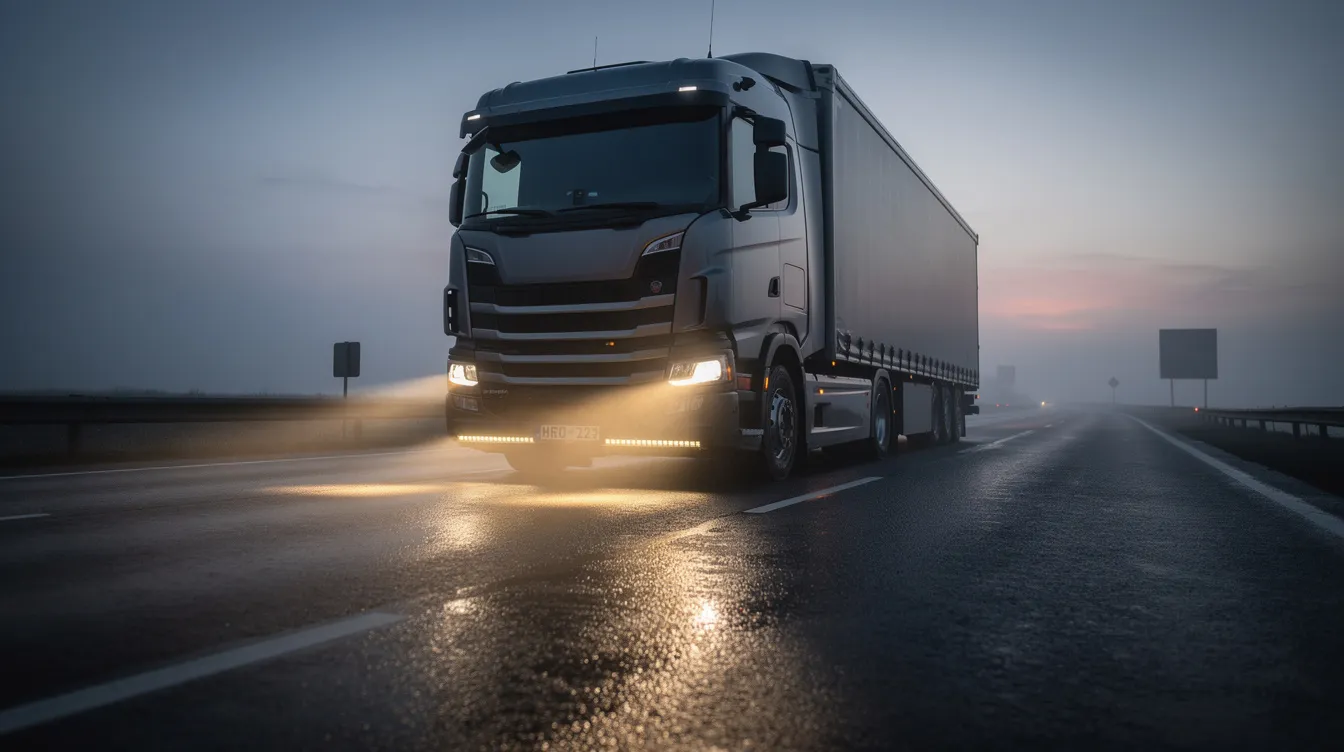 LED tågelygter monteret på lastbil kørende på dansk motorvej i tåge – ECE R19 godkendte LED lygter til erhvervskøretøjer