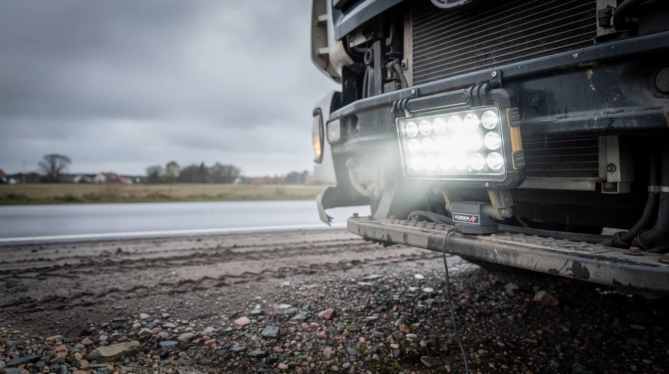 Batteridrevet LED arbejdslys med magnetfod monteret på lastbil under mobil mekanik på dansk vej – IP65-klassificeret portabelt arbejdslys til vejassistance og feltdiagnostik