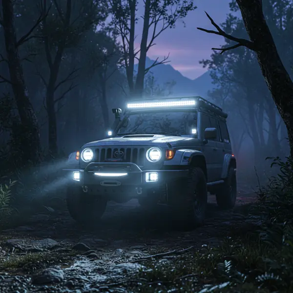 SUV with LED auxiliary light system - spot, flood and combo beam patterns for different driving conditions