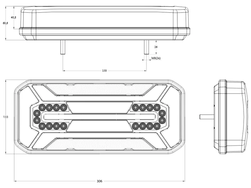 Was LED Baglygte Multifunktion 306x133mm - Position, Stop, Dynamisk Blink, Baklys, Tåge & Nummerplade - Billede 2
