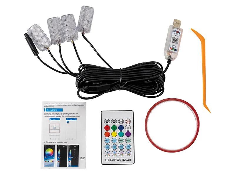 LED RGB Interiør Lyspakke til Bil - USB med Fjernbetjening og APP-styring - 4 Lysenheder - Billede 2